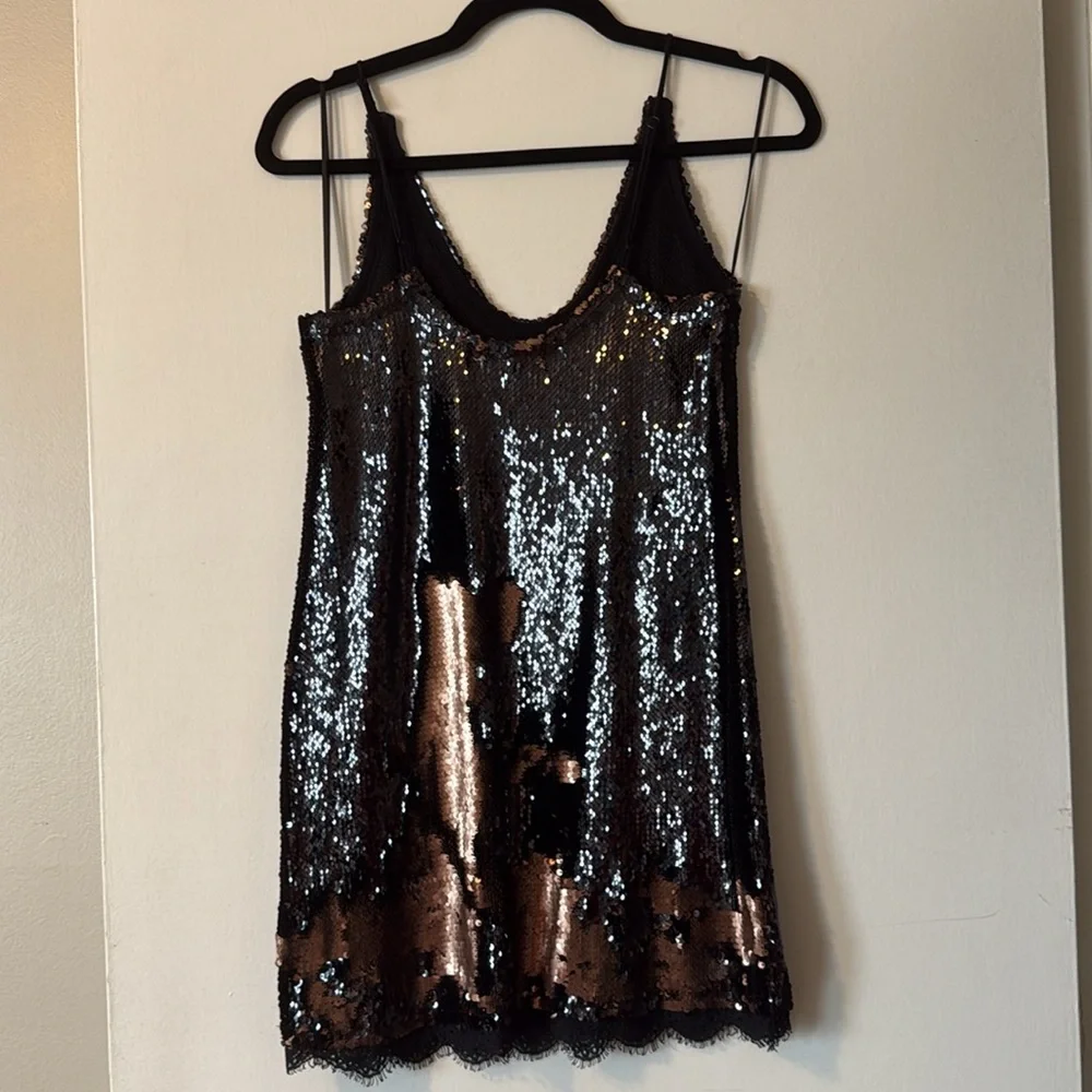 Free People Seeing Double Sequin Slip mini dress lace rose pink black - Picture 6 of 12